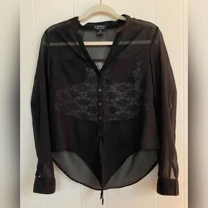 Oppa! Blouse Women’s Small Black Sheer Lace Tie Front Whimsigoth Witchy Goth